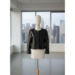 Lafayette 148 Black Nappa Lambskin Cropped Leather Jacket Puff Sleeve M